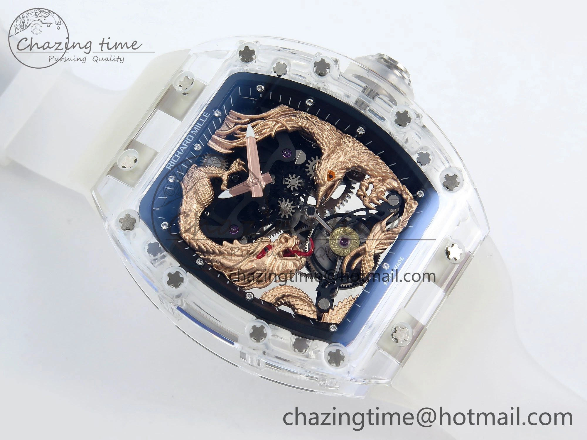 RM57 Transparent Tourbillon RMF Best Edition Gold Dragon Eagle Dial on Transparent Rubber Strap