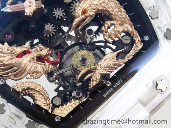 RM57 Transparent Tourbillon RMF Best Edition Gold Dragon Eagle Dial on Transparent Rubber Strap