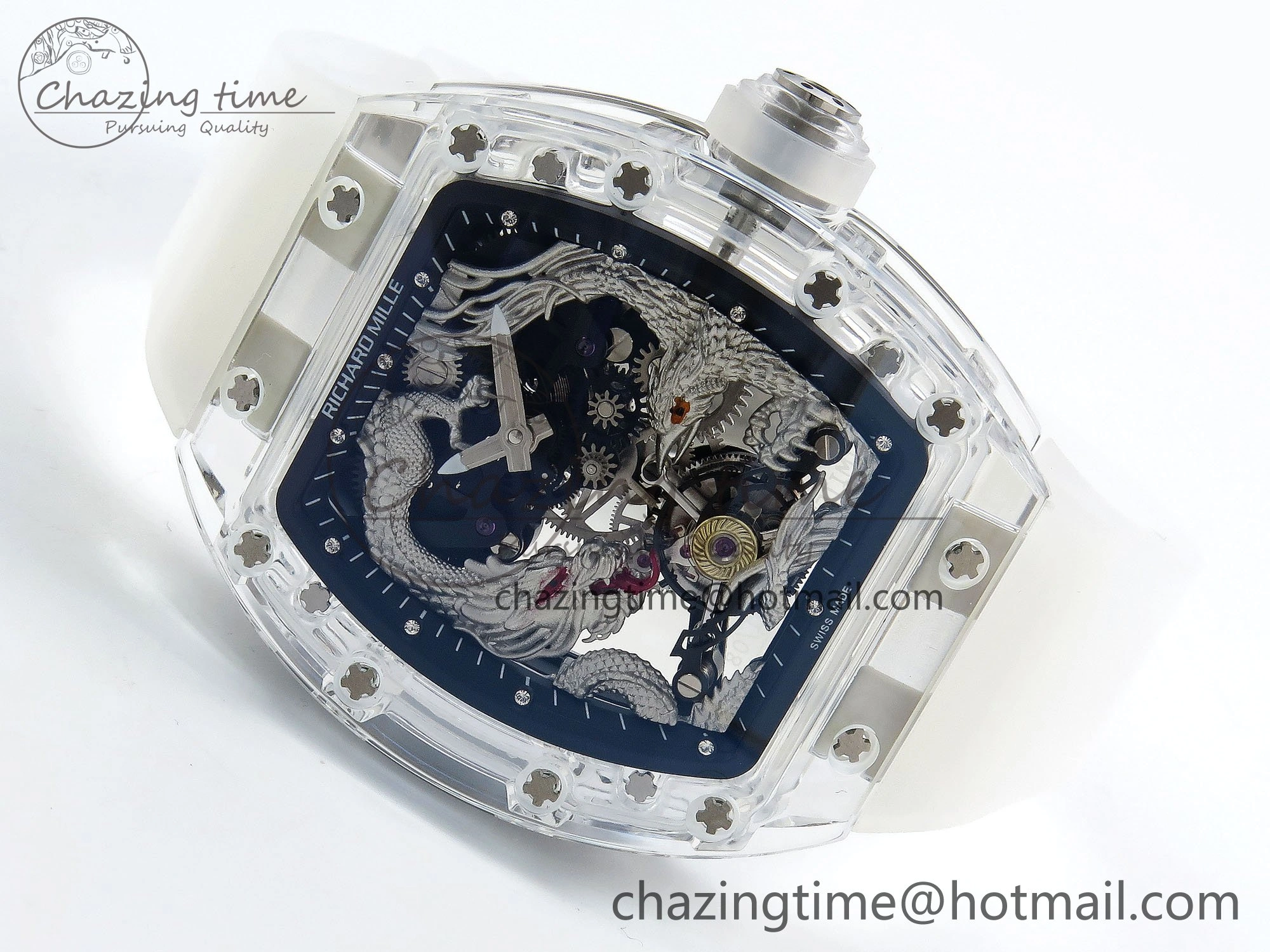 RM57 Transparent Tourbillon RMF Best Edition Silver Dragon Eagle Dial on Transparent Rubber Strap