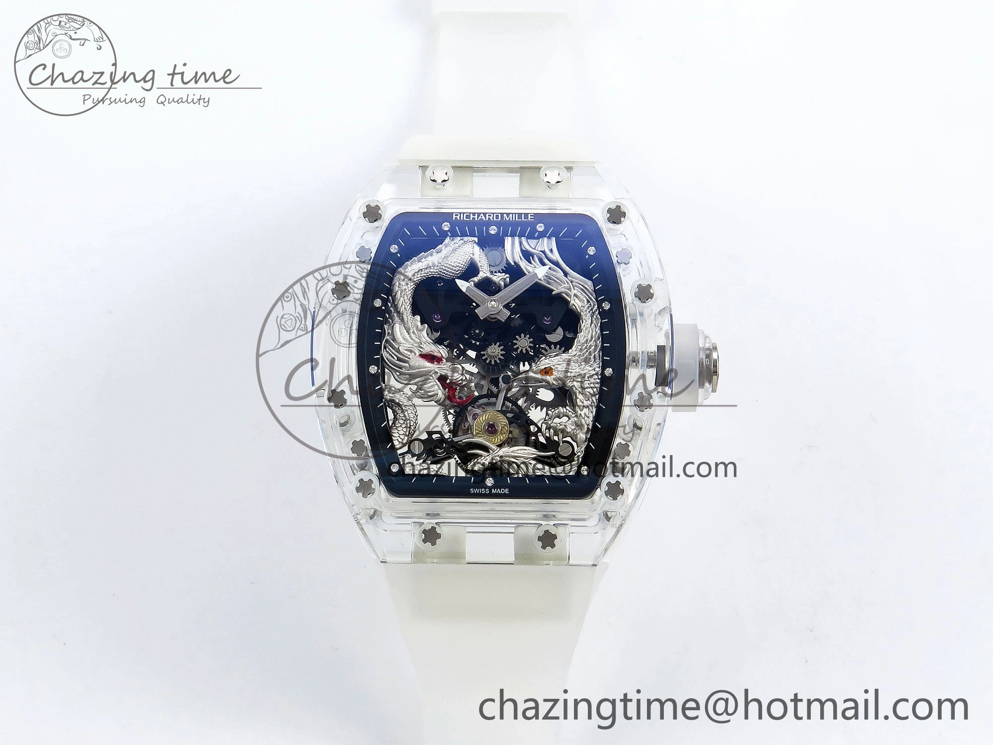 RM57 Transparent Tourbillon RMF Best Edition Silver Dragon Eagle Dial on Transparent Rubber Strap