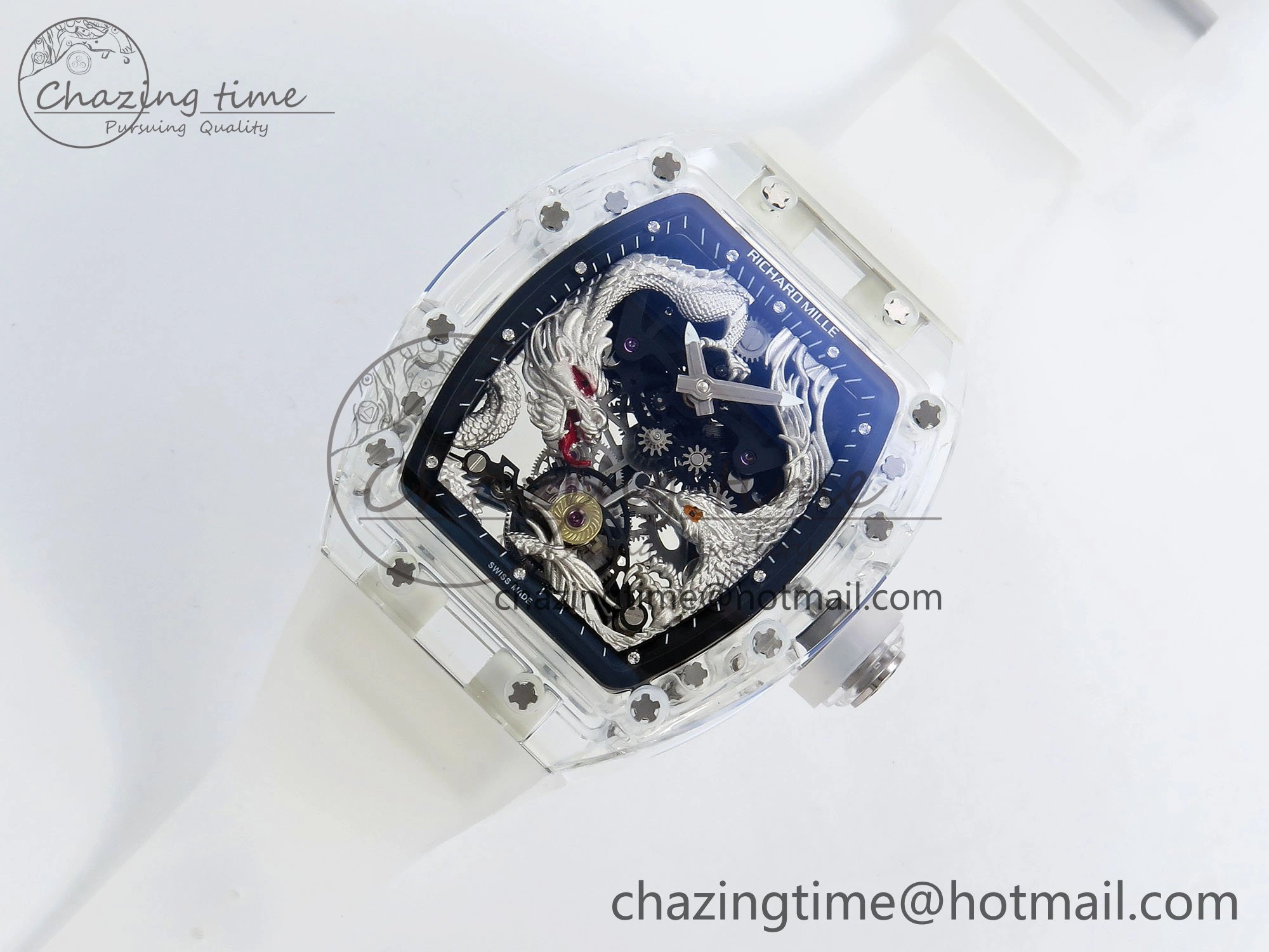 RM57 Transparent Tourbillon RMF Best Edition Silver Dragon Eagle Dial on Transparent Rubber Strap