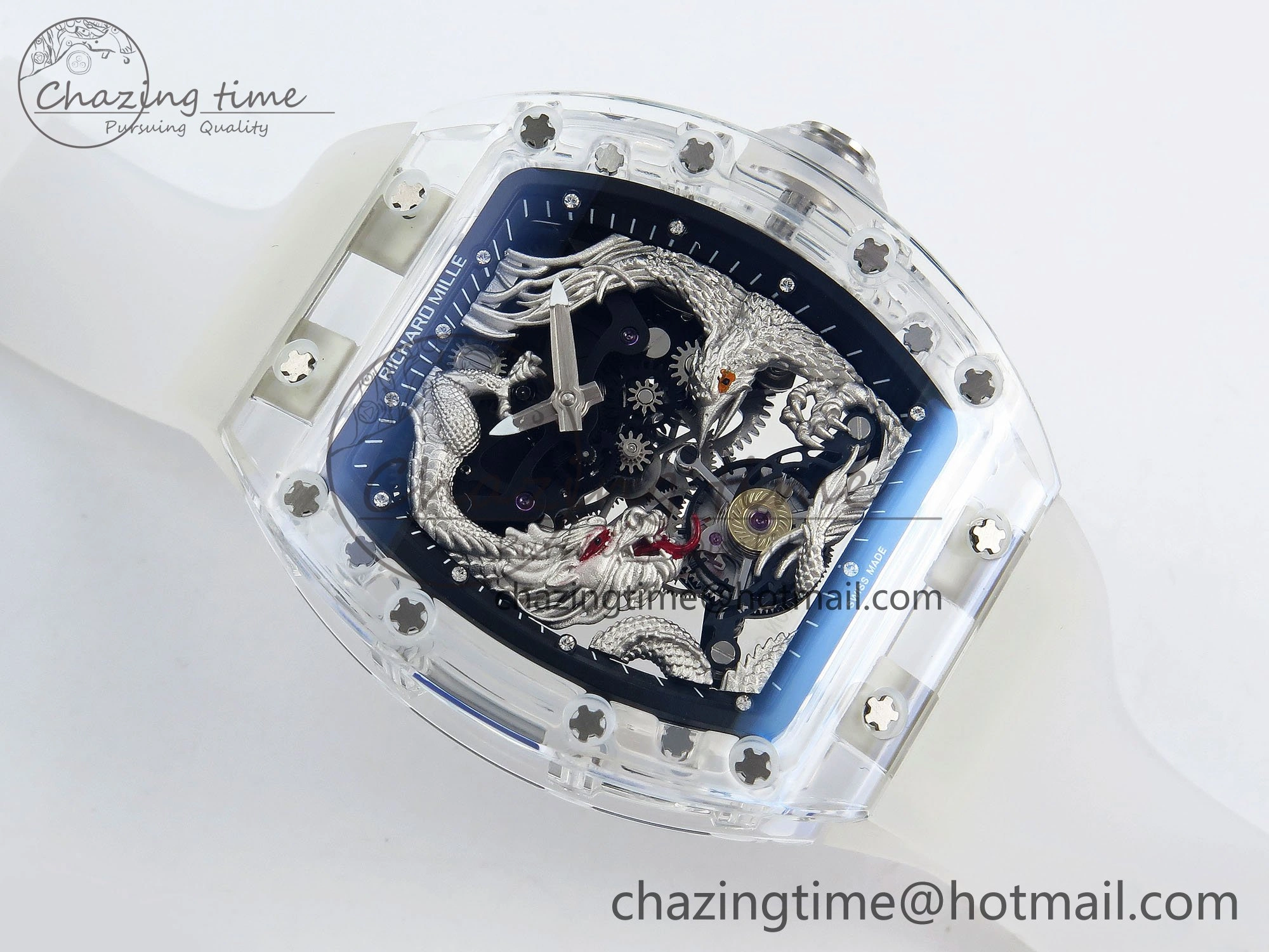 RM57 Transparent Tourbillon RMF Best Edition Silver Dragon Eagle Dial on Transparent Rubber Strap
