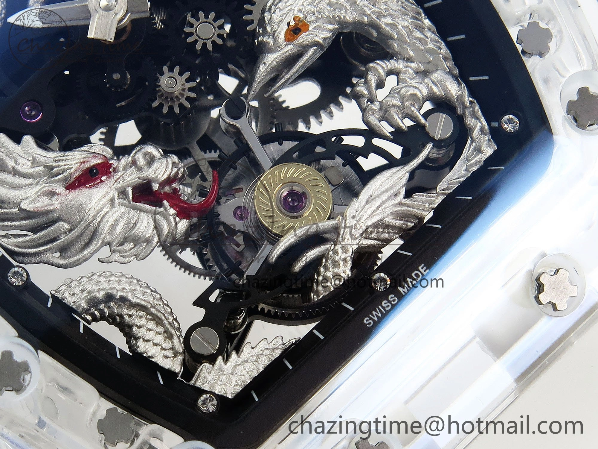RM57 Transparent Tourbillon RMF Best Edition Silver Dragon Eagle Dial on Transparent Rubber Strap
