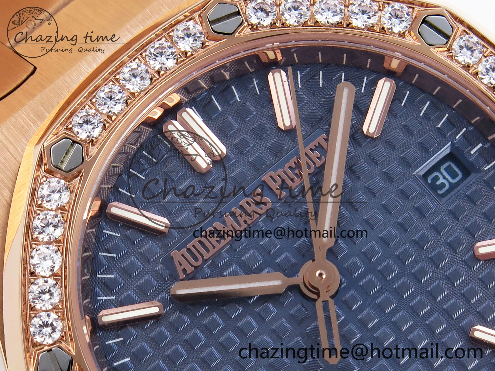 ROYAL OAK 34MM RG BF BEST EDITION BLUE DIAL DIAMONDS BEZEL ON RG BRACELET A5800