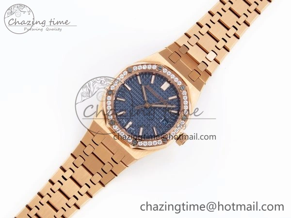 ROYAL OAK 34MM RG BF BEST EDITION BLUE DIAL DIAMONDS BEZEL ON RG BRACELET A5800