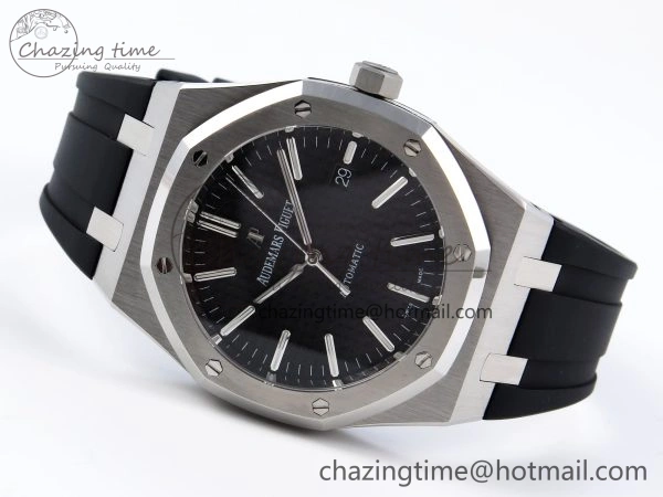ROYAL OAK 41MM 15400 SS APSF 1:1 BEST EDITION BLACK TEXTURED DIAL ON BLACK RUBBER STRAP SA3120 SUPER CLONE V3