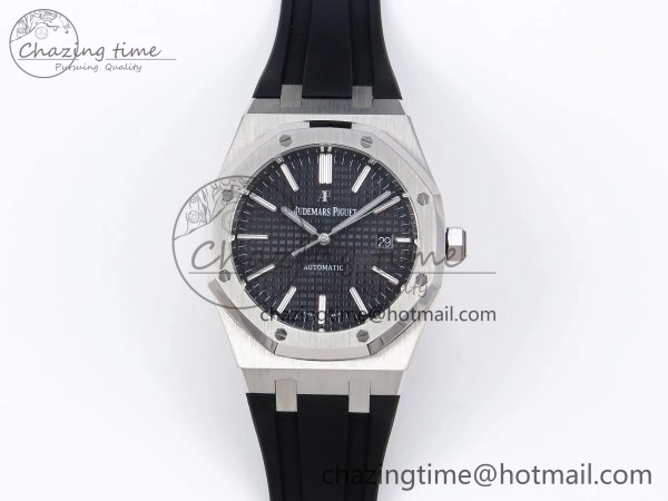 ROYAL OAK 41MM 15400 SS APSF 1:1 BEST EDITION BLACK TEXTURED DIAL ON BLACK RUBBER STRAP SA3120 SUPER CLONE V3