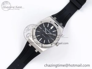 ROYAL OAK 41MM 15400 SS APSF 1:1 BEST EDITION BLACK TEXTURED DIAL ON BLACK RUBBER STRAP SA3120 SUPER CLONE V3