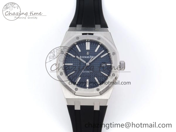 ROYAL OAK 41MM 15400 SS APSF 1:1 BEST EDITION BLUE TEXTURED DIAL ON BLACK RUBBER STRAP SA3120 SUPER CLONE V3