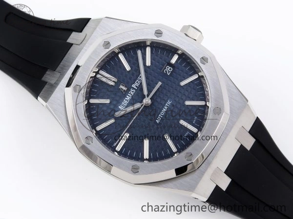 ROYAL OAK 41MM 15400 SS APSF 1:1 BEST EDITION BLUE TEXTURED DIAL ON BLACK RUBBER STRAP SA3120 SUPER CLONE V3