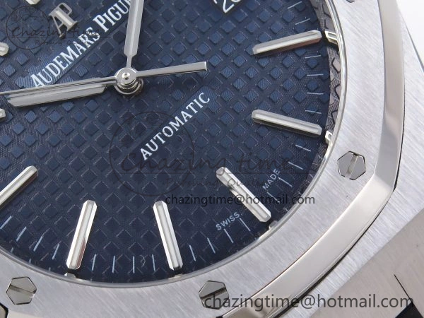 ROYAL OAK 41MM 15400 SS APSF 1:1 BEST EDITION BLUE TEXTURED DIAL ON BLACK RUBBER STRAP SA3120 SUPER CLONE V3