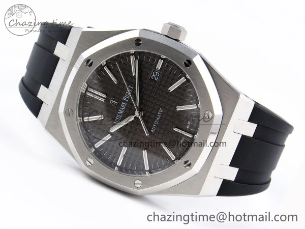 ROYAL OAK 41MM 15400 SS APSF 1:1 BEST EDITION GRAY TEXTURED DIAL ON BLACK RUBBER STRAP SA3120 SUPER CLONE V3