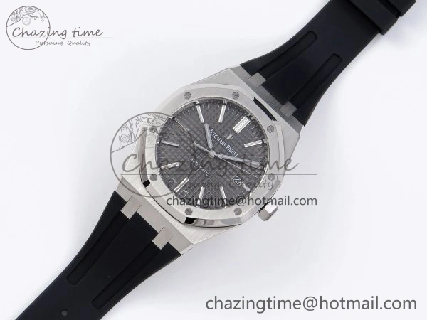 ROYAL OAK 41MM 15400 SS APSF 1:1 BEST EDITION GRAY TEXTURED DIAL ON BLACK RUBBER STRAP SA3120 SUPER CLONE V3