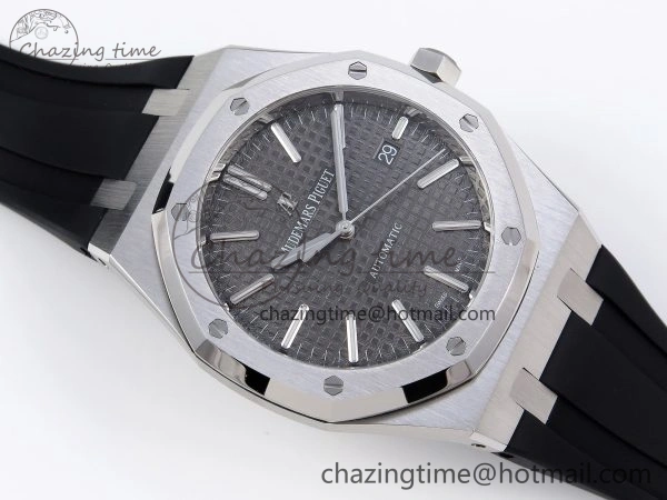 ROYAL OAK 41MM 15400 SS APSF 1:1 BEST EDITION GRAY TEXTURED DIAL ON BLACK RUBBER STRAP SA3120 SUPER CLONE V3