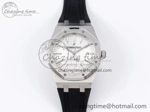 ROYAL OAK 41MM 15400 SS APSF 1:1 BEST EDITION WHITE TEXTURED DIAL ON BLACK RUBBER STRAP SA3120 SUPER CLONE V3