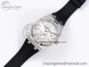 ROYAL OAK 41MM 15400 SS APSF 1:1 BEST EDITION WHITE TEXTURED DIAL ON BLACK RUBBER STRAP SA3120 SUPER CLONE V3