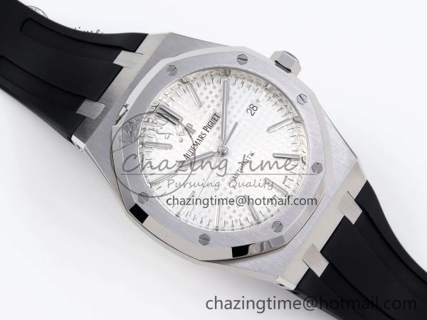 ROYAL OAK 41MM 15400 SS APSF 1:1 BEST EDITION WHITE TEXTURED DIAL ON BLACK RUBBER STRAP SA3120 SUPER CLONE V3