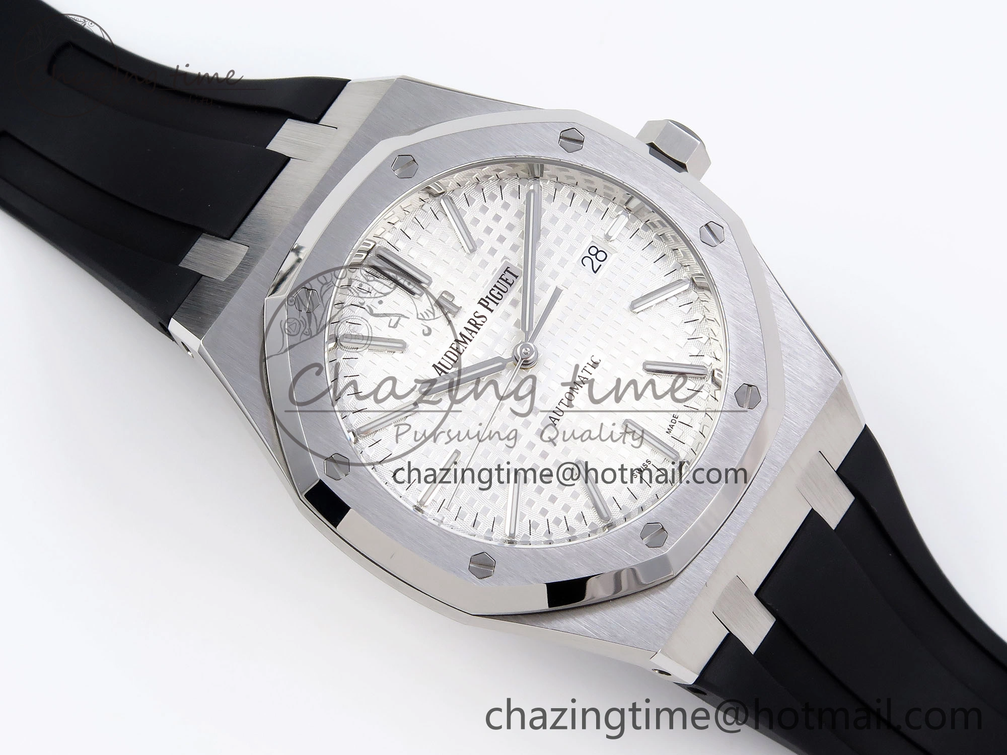ROYAL OAK 41MM 15400 SS APSF 1:1 BEST EDITION WHITE TEXTURED DIAL ON BLACK RUBBER STRAP SA3120 SUPER CLONE V3