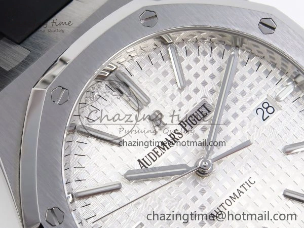 ROYAL OAK 41MM 15400 SS APSF 1:1 BEST EDITION WHITE TEXTURED DIAL ON BLACK RUBBER STRAP SA3120 SUPER CLONE V3