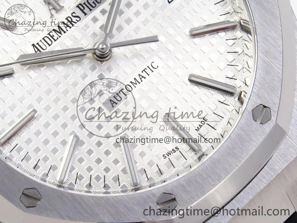 ROYAL OAK 41MM 15400 SS APSF 1:1 BEST EDITION WHITE TEXTURED DIAL ON BLACK RUBBER STRAP SA3120 SUPER CLONE V3