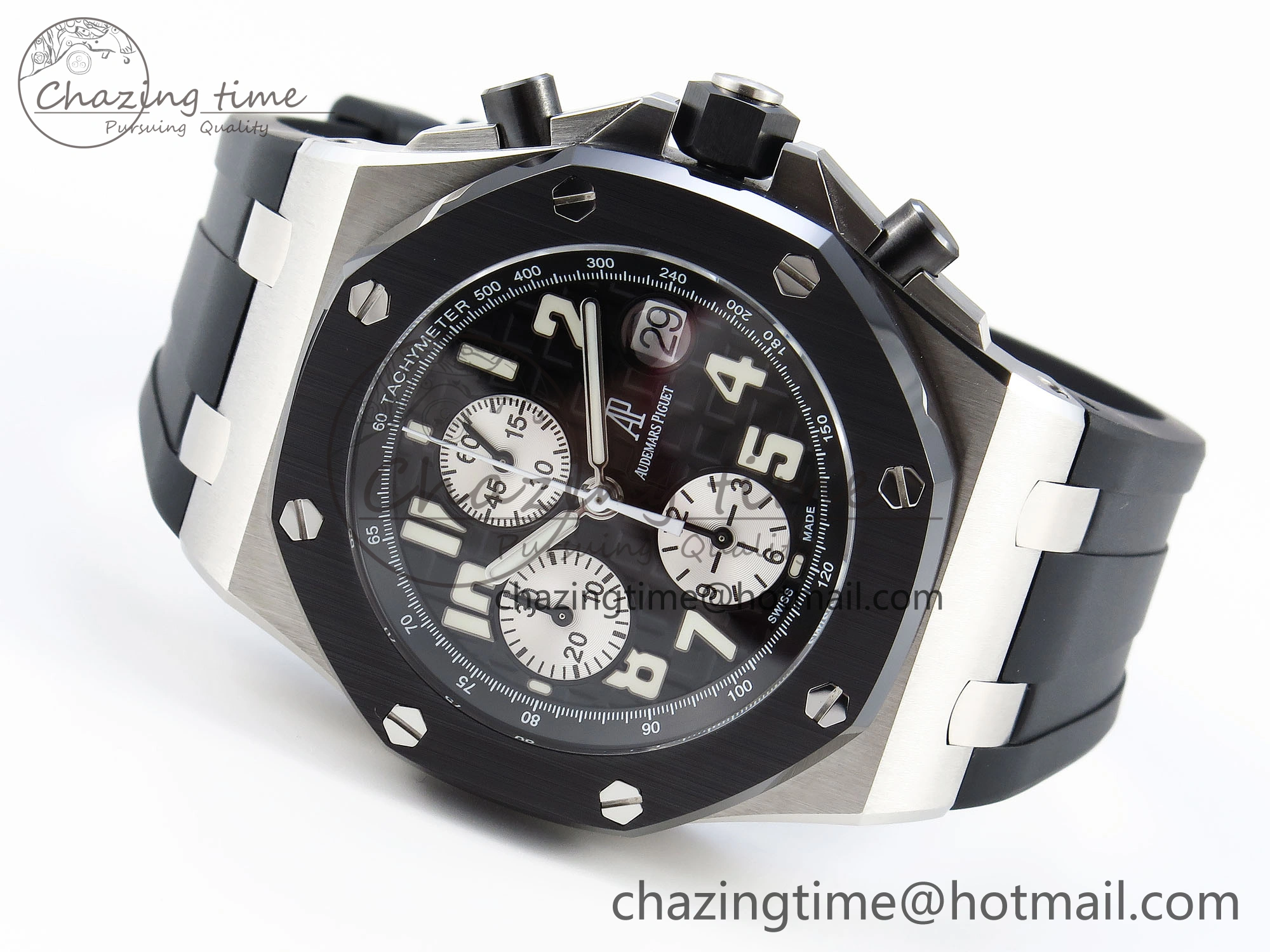 ROYAL OAK OFFSHORE 42MM SS APF 1:1 BEST EDITION BLACK DIAL WHITE MARKERS CERAMIC BEZEL ON BLACK RUBBER STRAP A7750