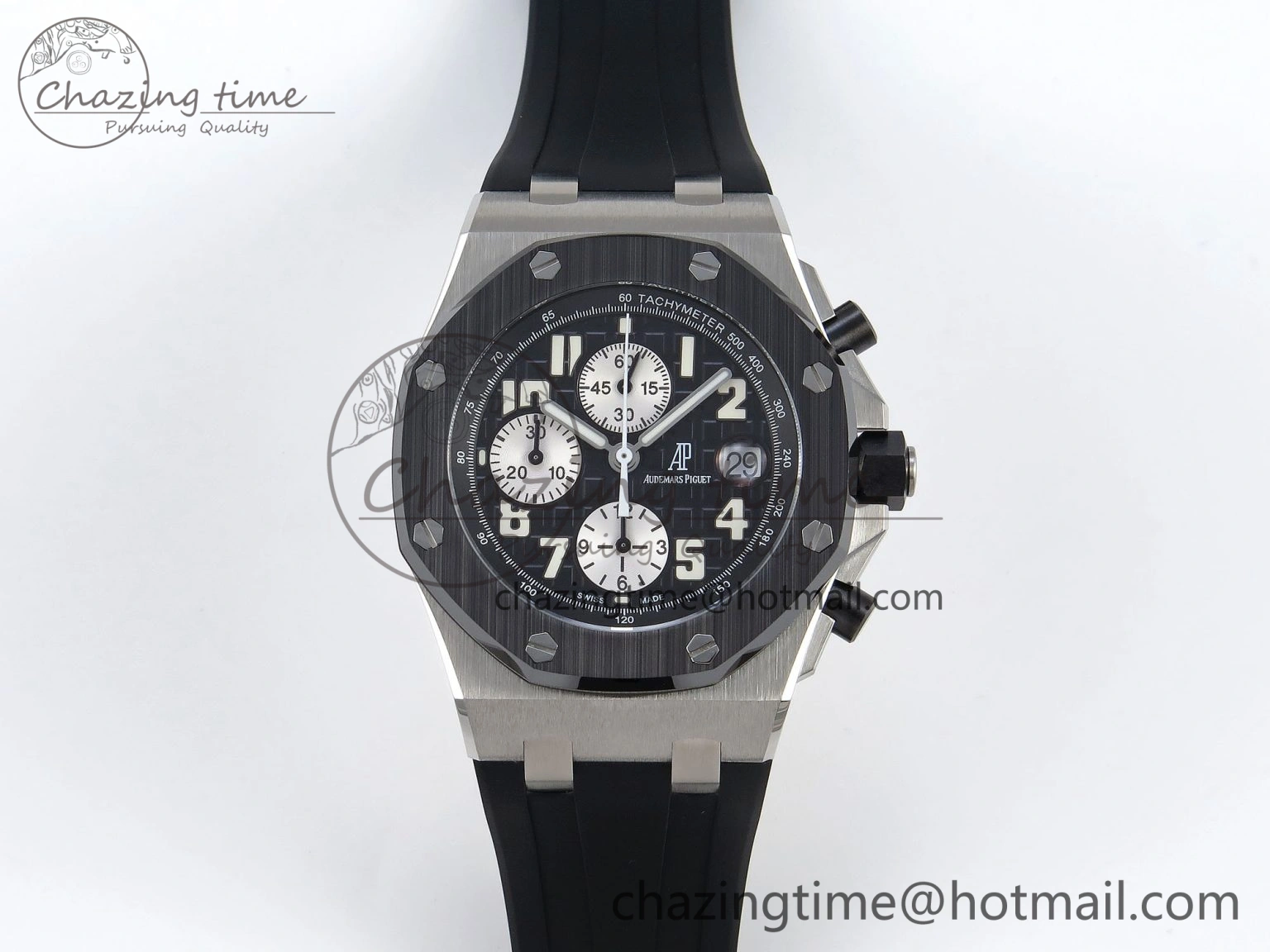 ROYAL OAK OFFSHORE 42MM SS APF 1:1 BEST EDITION BLACK DIAL WHITE MARKERS CERAMIC BEZEL ON BLACK RUBBER STRAP A7750