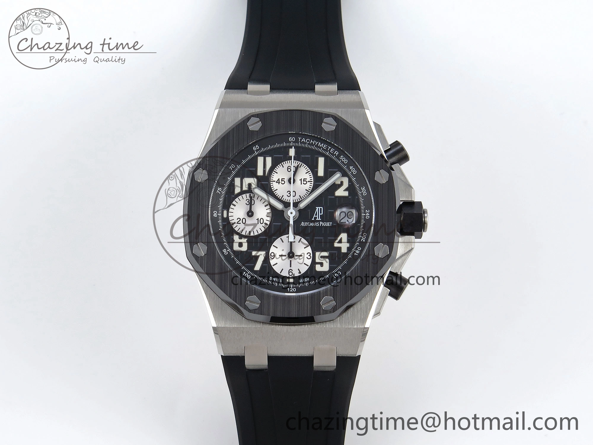 ROYAL OAK OFFSHORE 42MM SS APF 1:1 BEST EDITION BLACK DIAL WHITE MARKERS CERAMIC BEZEL ON BLACK RUBBER STRAP A7750