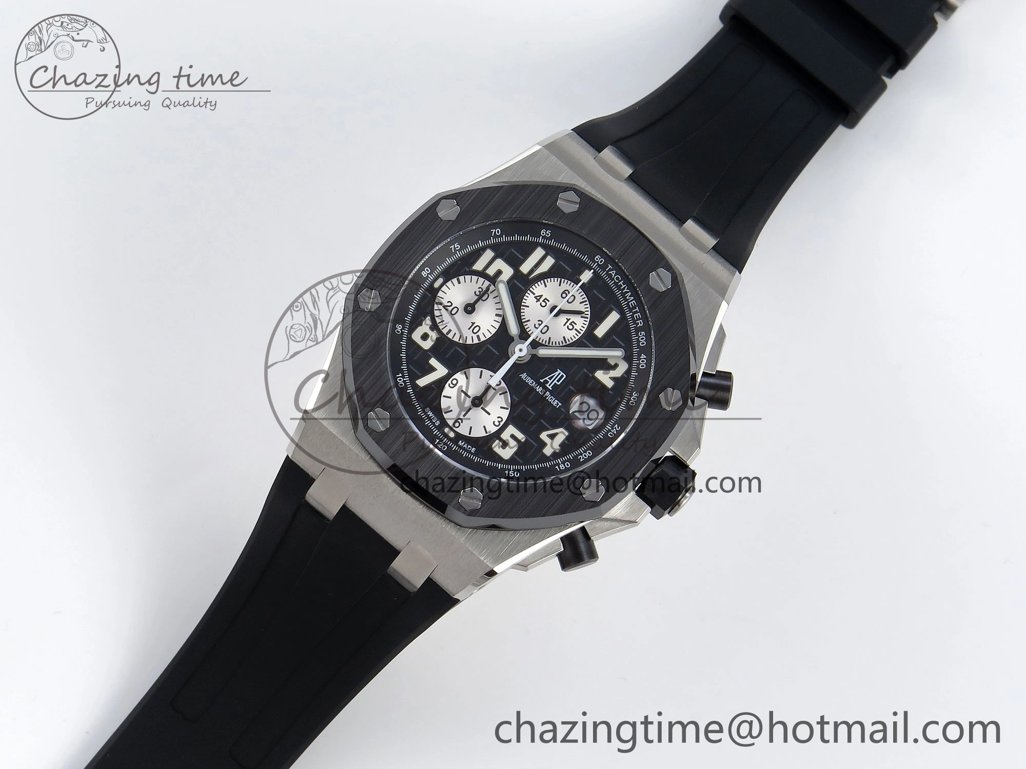 ROYAL OAK OFFSHORE 42MM SS APF 1:1 BEST EDITION BLACK DIAL WHITE MARKERS CERAMIC BEZEL ON BLACK RUBBER STRAP A7750