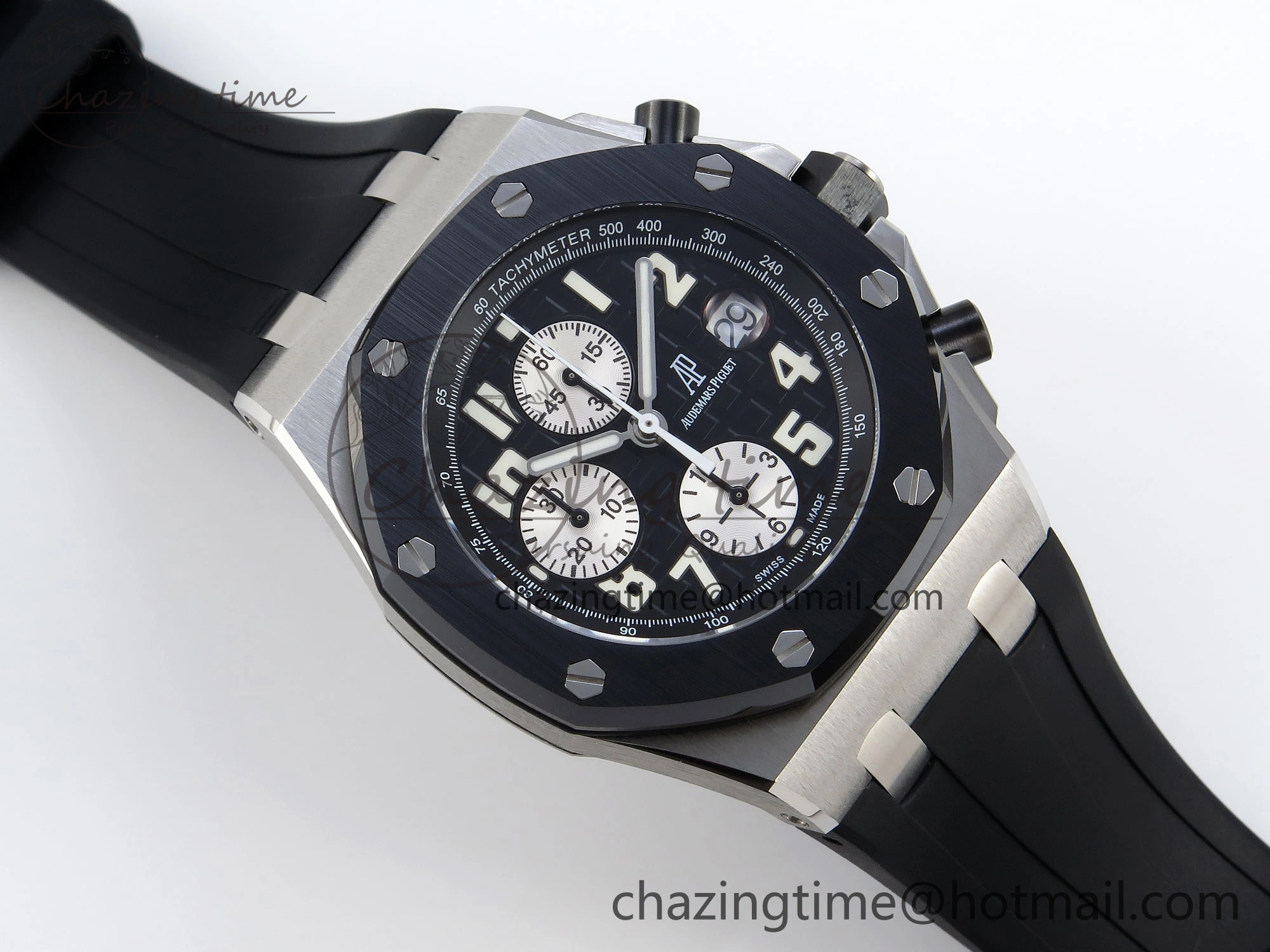 ROYAL OAK OFFSHORE 42MM SS APF 1:1 BEST EDITION BLACK DIAL WHITE MARKERS CERAMIC BEZEL ON BLACK RUBBER STRAP A7750
