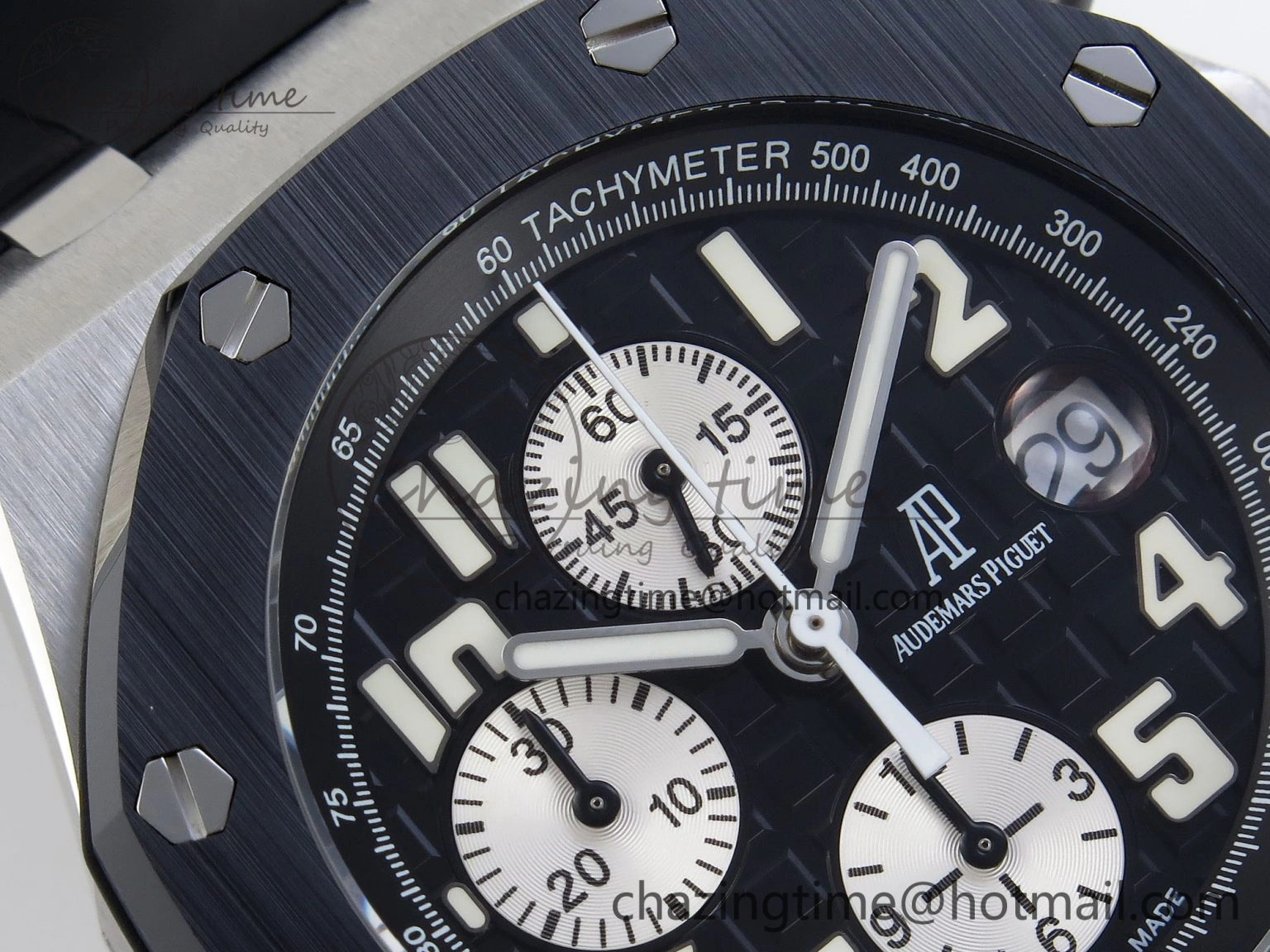 ROYAL OAK OFFSHORE 42MM SS APF 1:1 BEST EDITION BLACK DIAL WHITE MARKERS CERAMIC BEZEL ON BLACK RUBBER STRAP A7750