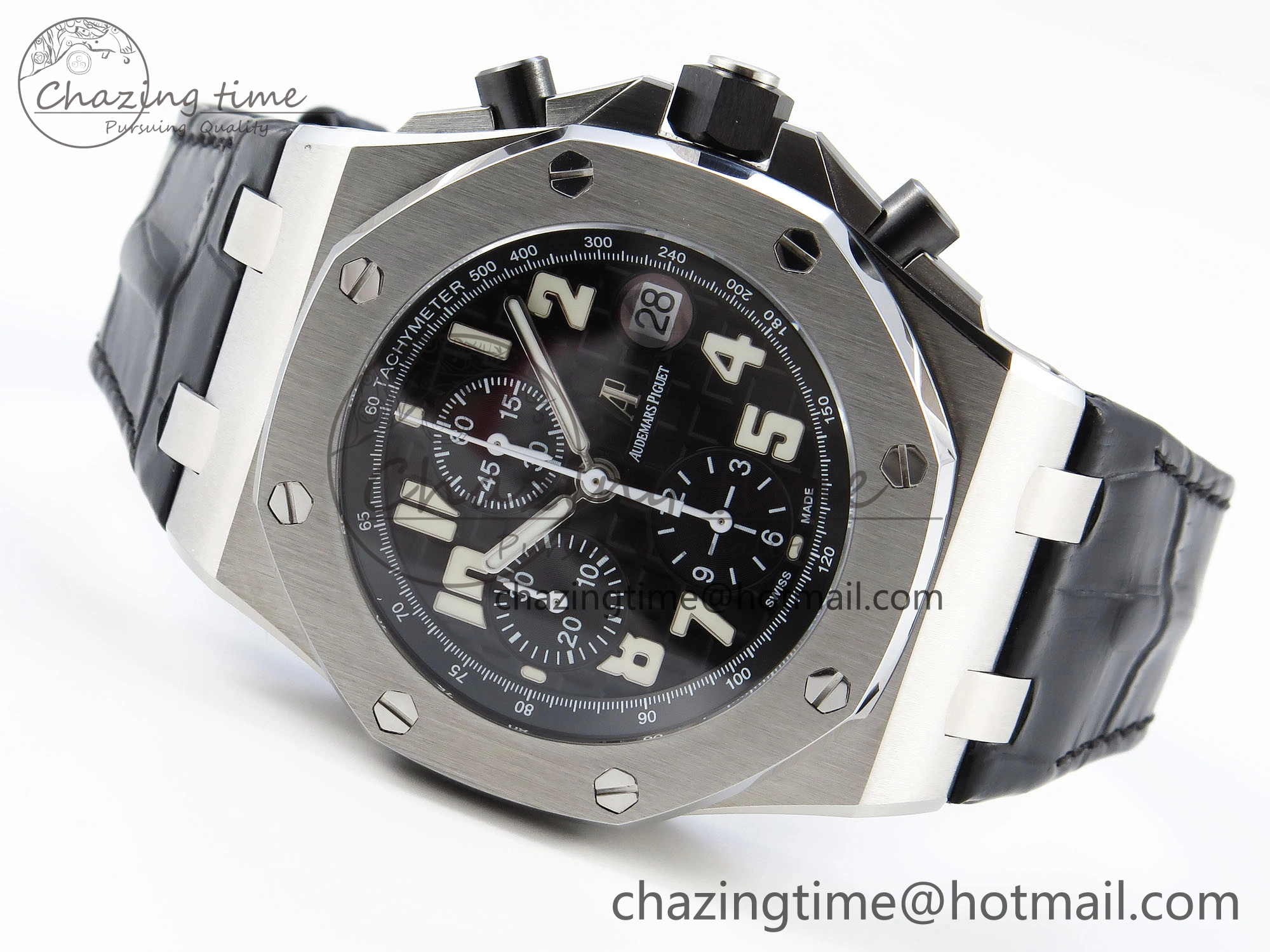 ROYAL OAK OFFSHORE 42MM SS APF 1:1 BEST EDITION BLACK DIAL WHITE MARKERS ON BLACK LEATHER STRAP A7750