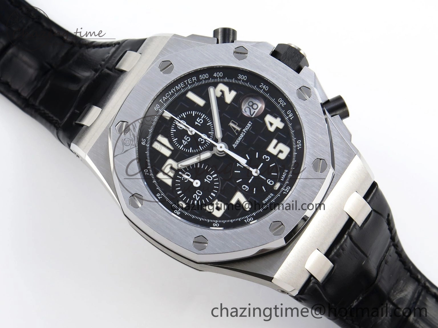 ROYAL OAK OFFSHORE 42MM SS APF 1:1 BEST EDITION BLACK DIAL WHITE MARKERS ON BLACK LEATHER STRAP A7750