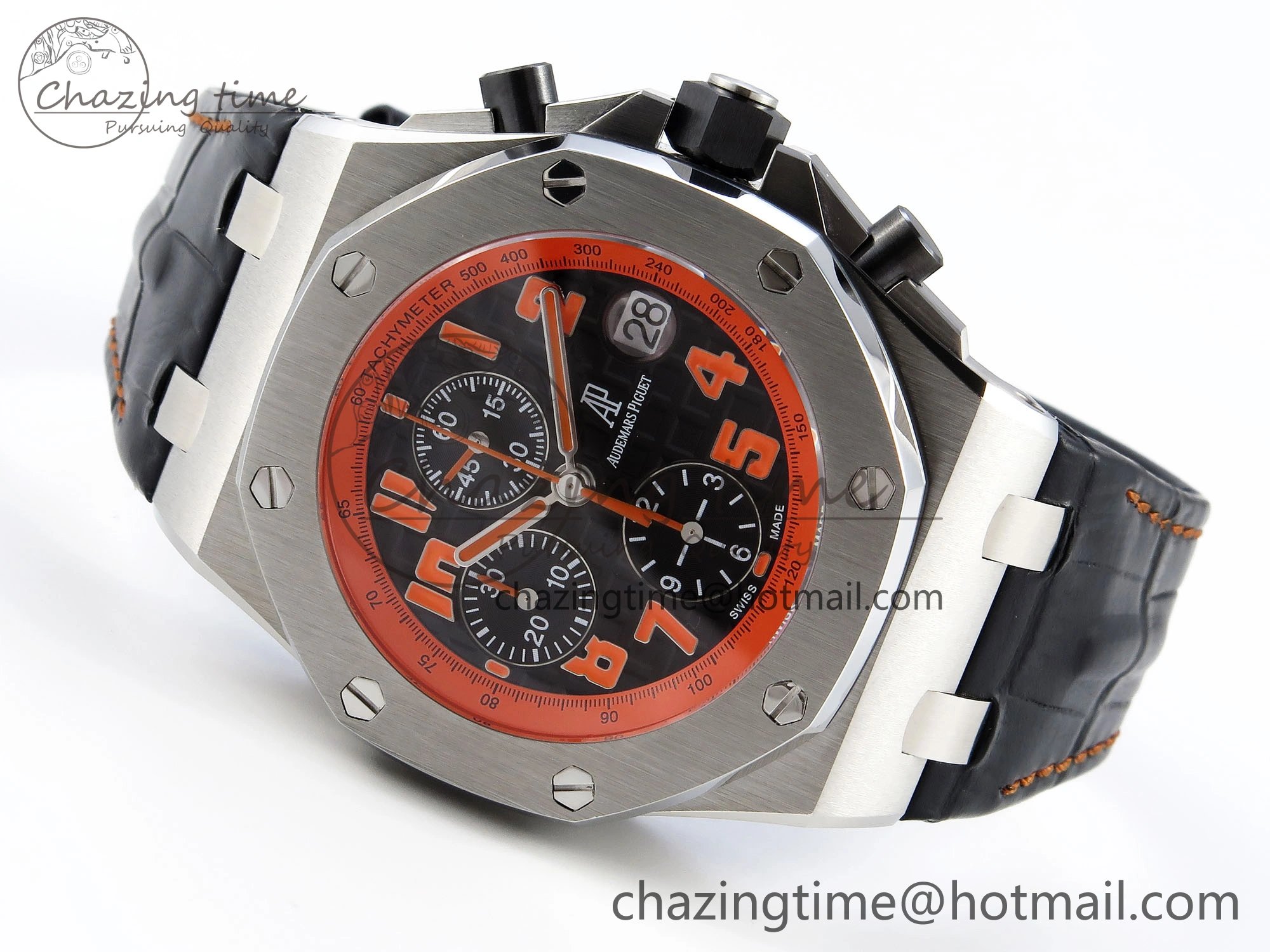 ROYAL OAK OFFSHORE 42MM VOLCANO SS APF 1:1 BEST EDITION BLACK DIAL ORANGE MARKERS ON BLACK LEATHER STRAP A7750