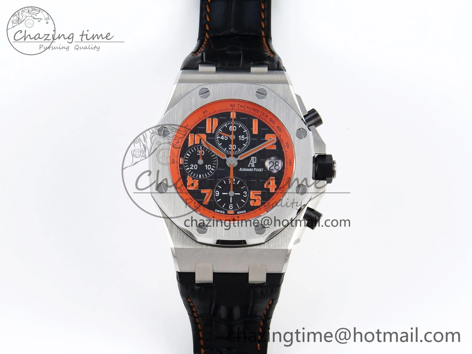 ROYAL OAK OFFSHORE 42MM VOLCANO SS APF 1:1 BEST EDITION BLACK DIAL ORANGE MARKERS ON BLACK LEATHER STRAP A7750