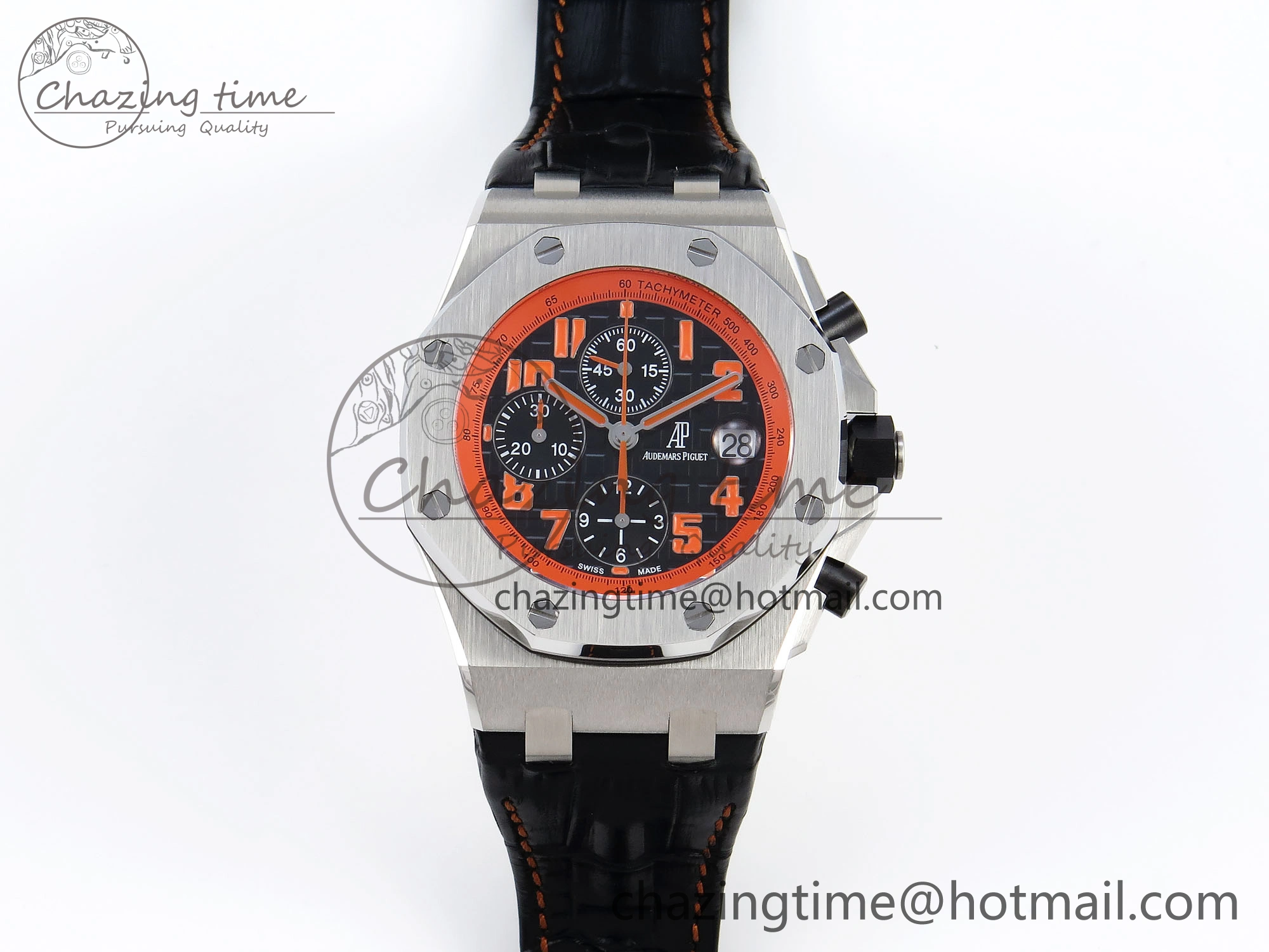 ROYAL OAK OFFSHORE 42MM VOLCANO SS APF 1:1 BEST EDITION BLACK DIAL ORANGE MARKERS ON BLACK LEATHER STRAP A7750