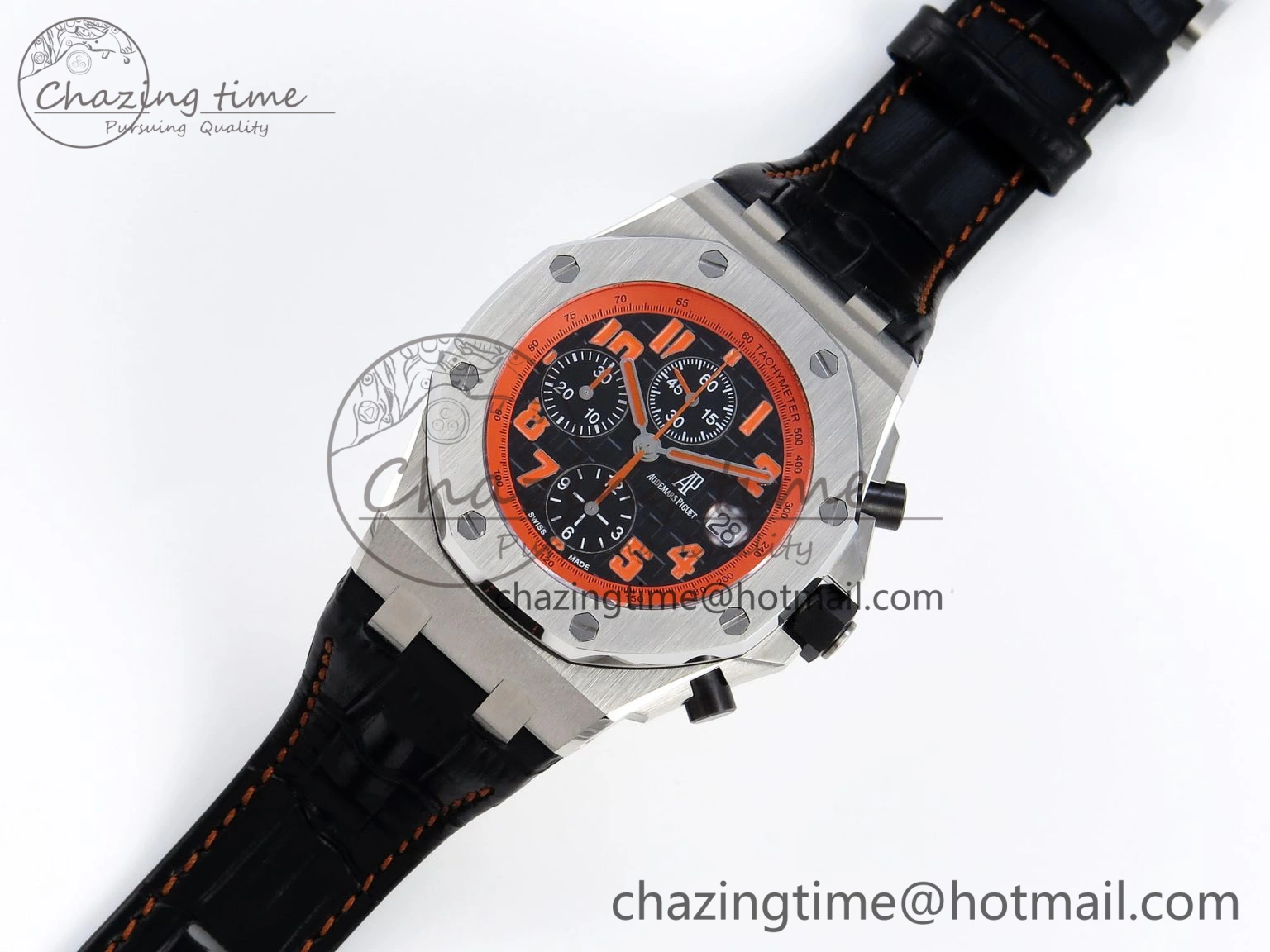 ROYAL OAK OFFSHORE 42MM VOLCANO SS APF 1:1 BEST EDITION BLACK DIAL ORANGE MARKERS ON BLACK LEATHER STRAP A7750