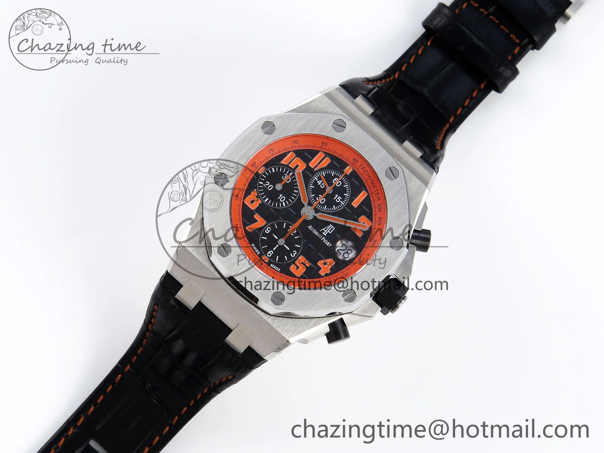 ROYAL OAK OFFSHORE 42MM VOLCANO SS APF 1:1 BEST EDITION BLACK DIAL ORANGE MARKERS ON BLACK LEATHER STRAP A7750