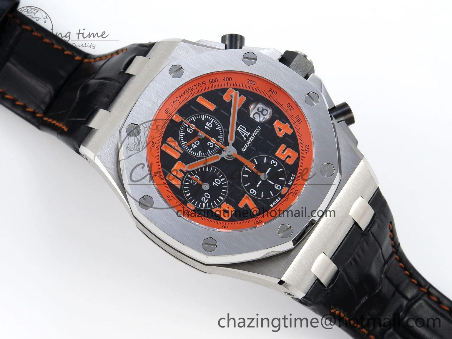 ROYAL OAK OFFSHORE 42MM VOLCANO SS APF 1:1 BEST EDITION BLACK DIAL ORANGE MARKERS ON BLACK LEATHER STRAP A7750