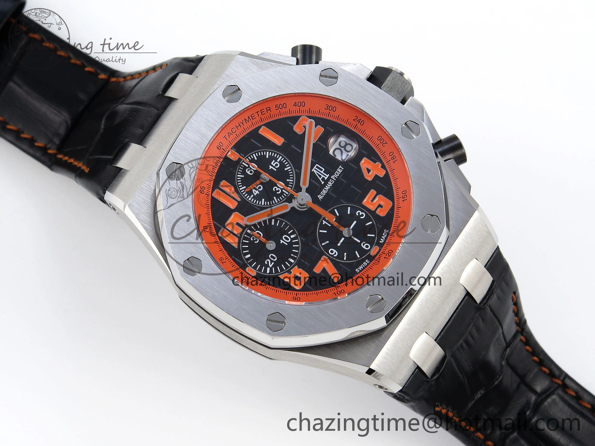 ROYAL OAK OFFSHORE 42MM VOLCANO SS APF 1:1 BEST EDITION BLACK DIAL ORANGE MARKERS ON BLACK LEATHER STRAP A7750