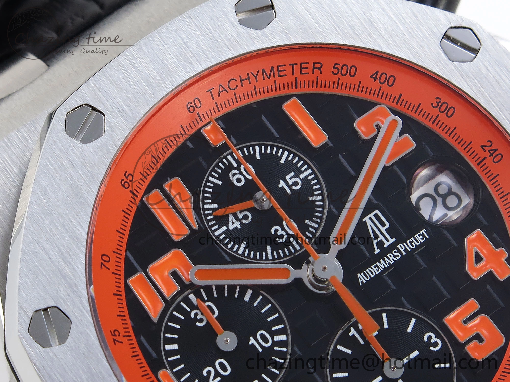 ROYAL OAK OFFSHORE 42MM VOLCANO SS APF 1:1 BEST EDITION BLACK DIAL ORANGE MARKERS ON BLACK LEATHER STRAP A7750