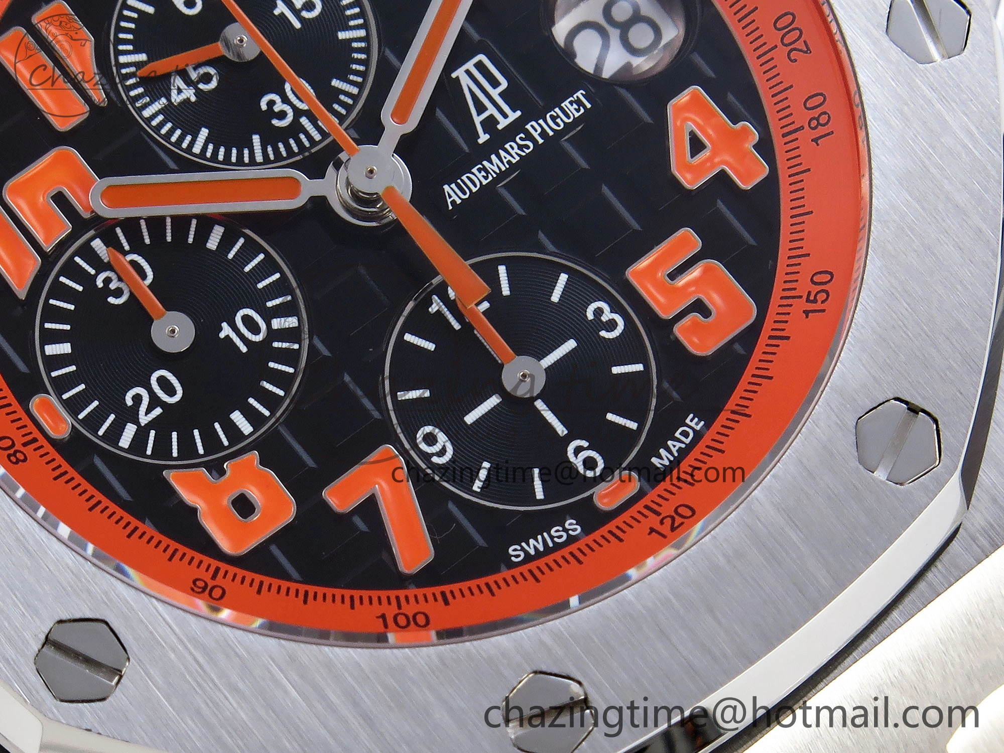 ROYAL OAK OFFSHORE 42MM VOLCANO SS APF 1:1 BEST EDITION BLACK DIAL ORANGE MARKERS ON BLACK LEATHER STRAP A7750