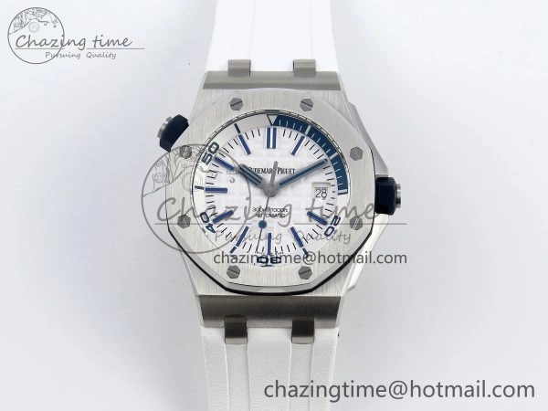 ROYAL OAK OFFSHORE DIVER 15710 IPF 1:1 BEST EDITION WHITE DIAL ON WHITE RUBBER STRAP SA3120 SUPER CLONE