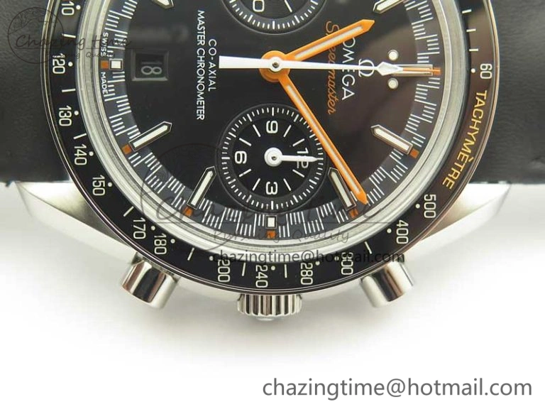 Racing Master Chronometer OMF 1:1 Best Edition Black Dial Orange Hand on Black Leather Strap A9300