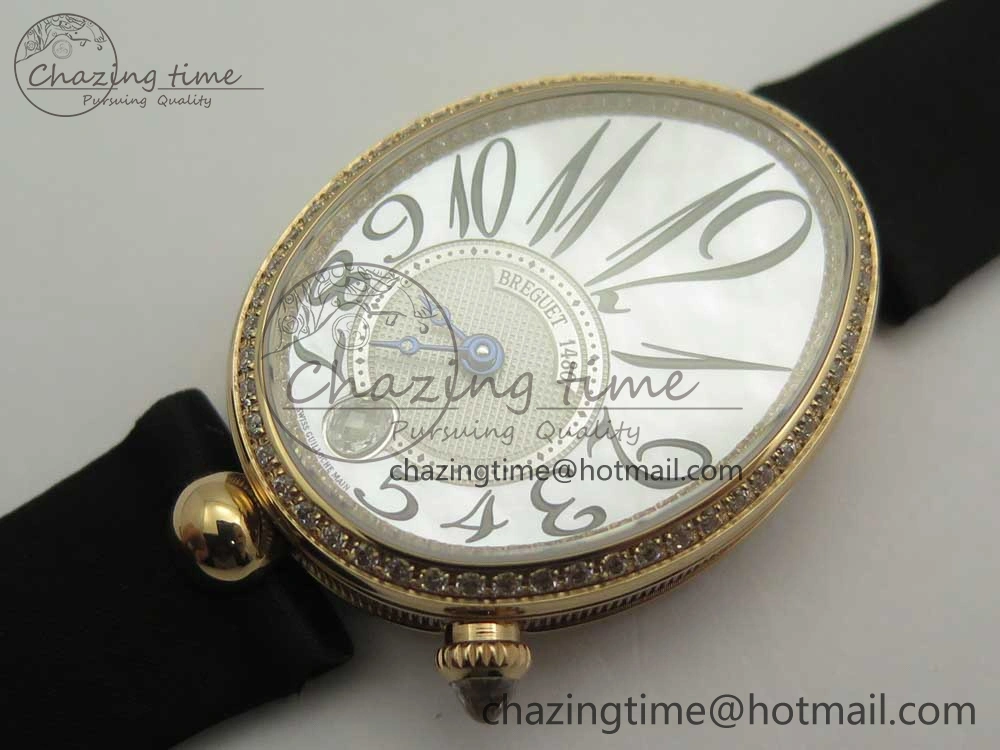 Reine de Naples 8918BB RG ZF 1:1 Best Edition White MOP Dial Diamonds Bezel on Black Fabric Strap A537
