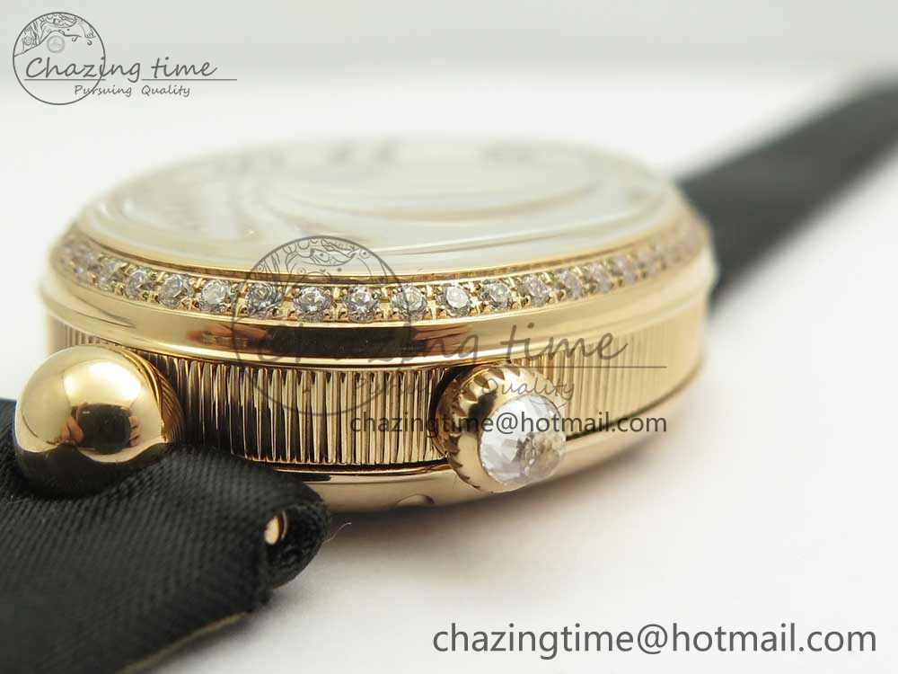 Reine de Naples 8918BB RG ZF 1:1 Best Edition White MOP Dial Diamonds Bezel on Black Fabric Strap A537