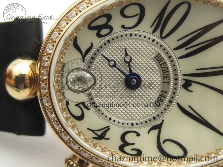 Reine de Naples 8918BB RG ZF 1:1 Best Edition White MOP Dial Diamonds Bezel on Black Fabric Strap A537
