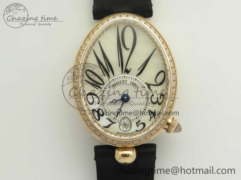 Reine de Naples 8918BB RG ZF 1:1 Best Edition White MOP Dial Diamonds Bezel on Black Fabric Strap A537