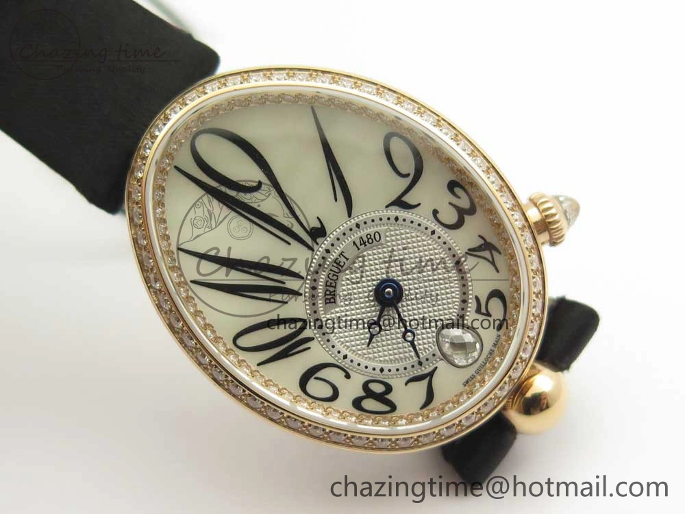 Reine de Naples 8918BB RG ZF 1:1 Best Edition White MOP Dial Diamonds Bezel on Black Fabric Strap A537