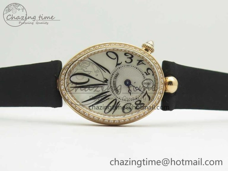 Reine de Naples 8918BB RG ZF 1:1 Best Edition White MOP Dial Diamonds Bezel on Black Fabric Strap A537