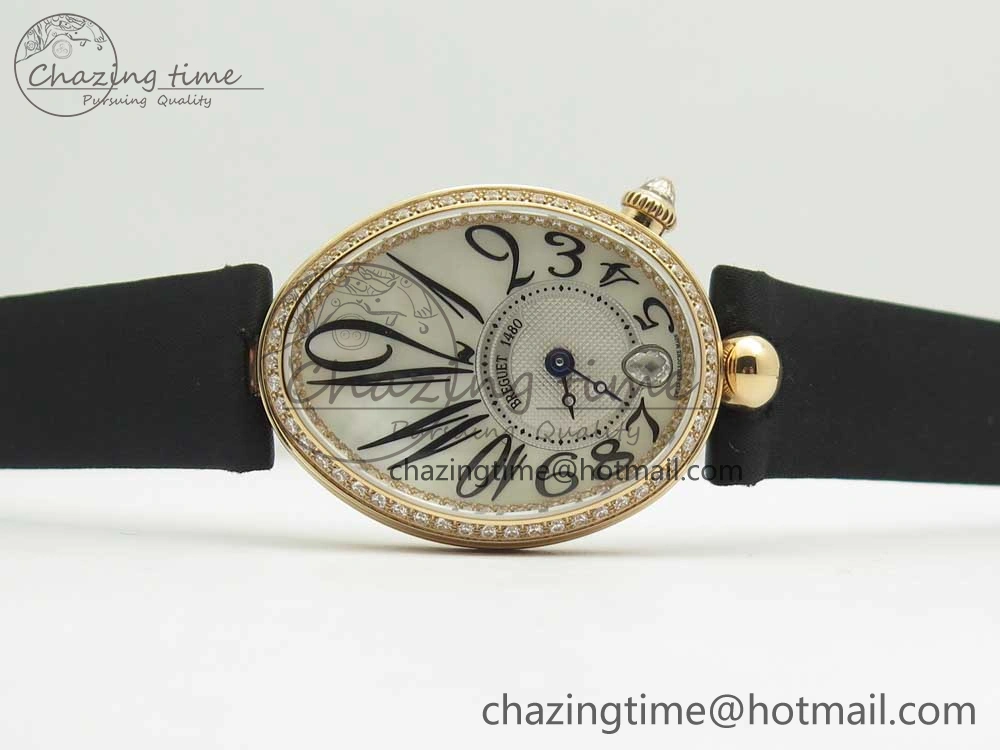 Reine de Naples 8918BB RG ZF 1:1 Best Edition White MOP Dial Diamonds Bezel on Black Fabric Strap A537
